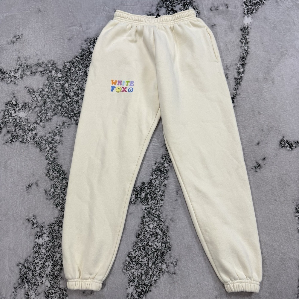 White Fox Womens XS Cream Jogger Sweatpants Graphic Logo Lounge Pants Streetwear